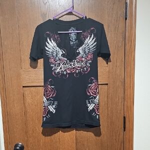 Black Graphic Tee with Wings and Roses